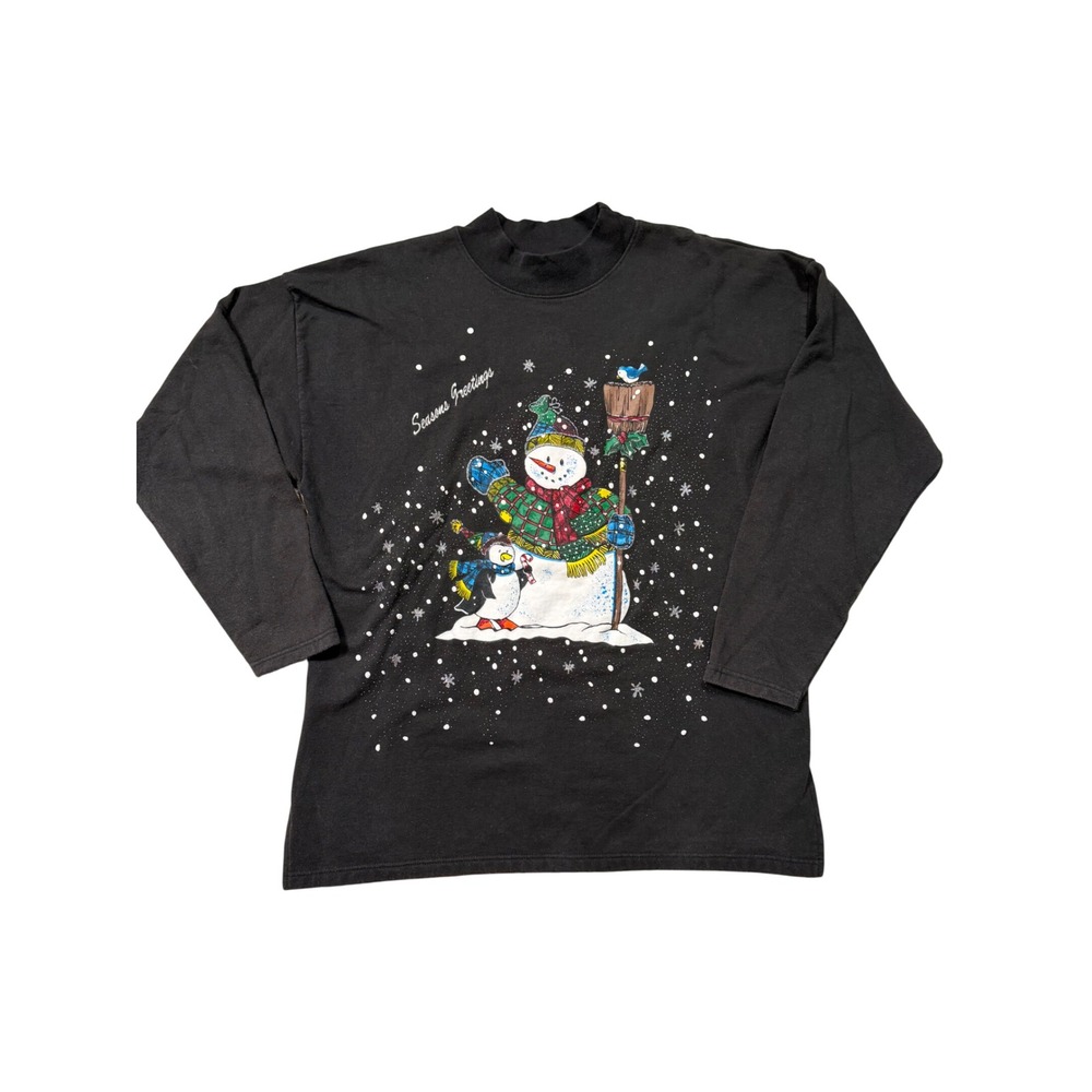 Vintage Holiday Time Christmas Snowman Penguin Sweatshirt Black Large Est.